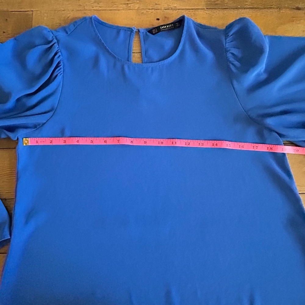 Zara Cobalt Blue Ruffle Bell Sleeve Blouse | Flowy Round Neck Top Lightweight - Picture 9 of 10